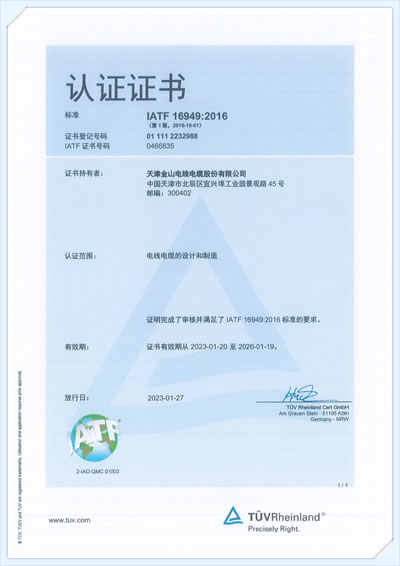 金山線纜TUV認證證書